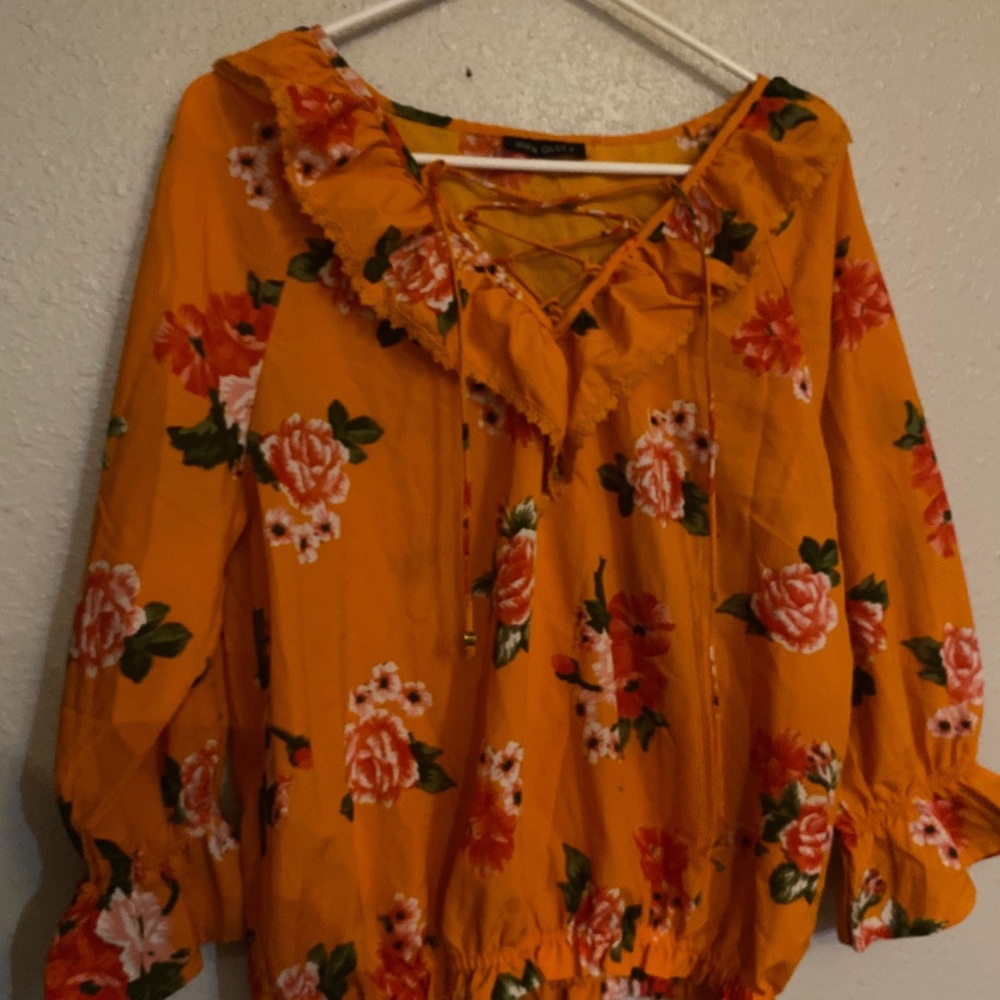 New Look Orange Floral Blouse with Ruffle Neckline